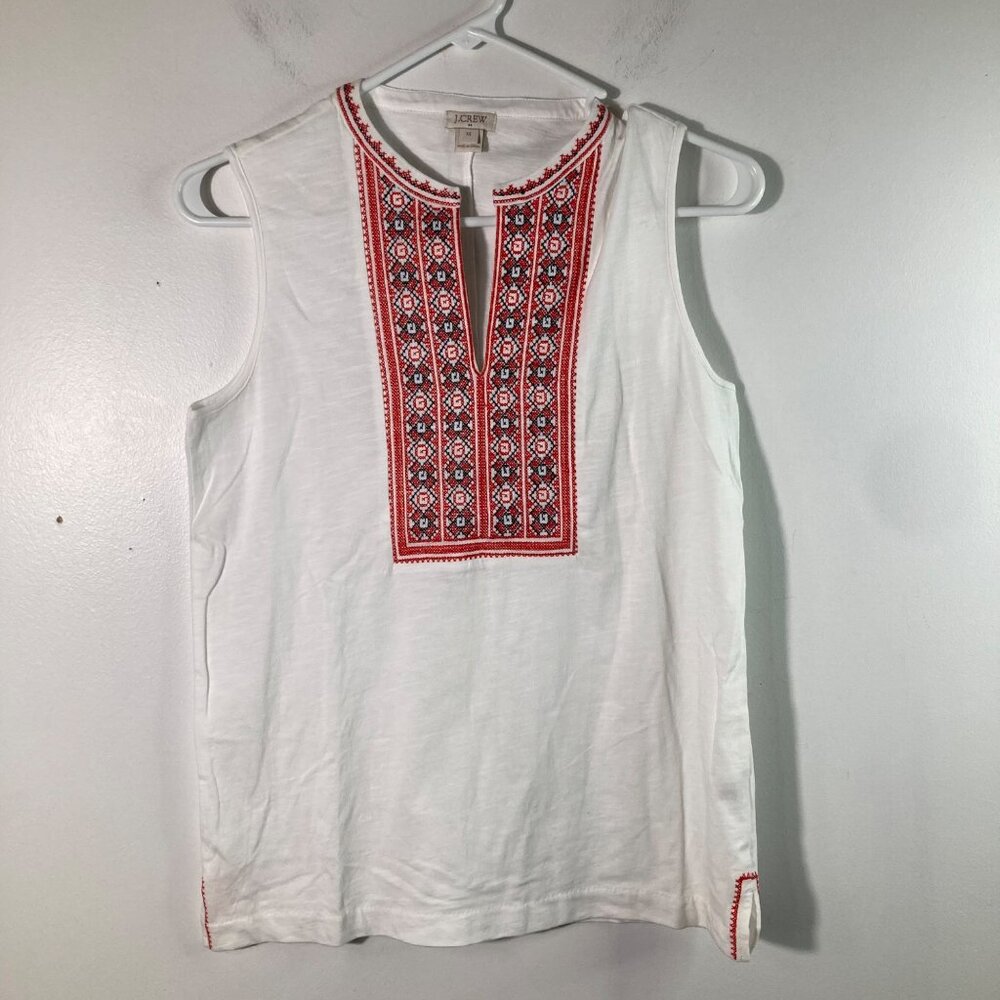 Womens J Crew Boho Embroidered Sleeveless Top White Red Ukrainian Style XS Cotto